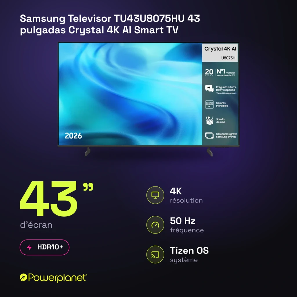 Televisor Samsung TU43U8075HU de 43 pulgadas con panel LED Crystal UHD 4K, biseles finos, HDR10+, tasa de 50 Hz y sistema Tizen OS