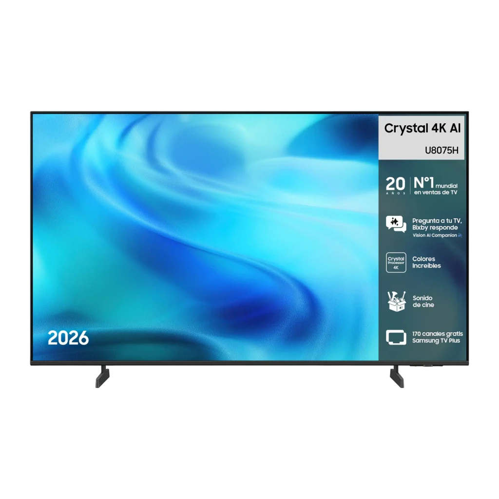 Televisor Samsung TU75U8075HU 75 pulgadas con pantalla LED Crystal UHD 4K, biseles delgados, peanas dobles y panel con información de funciones AI y apps
