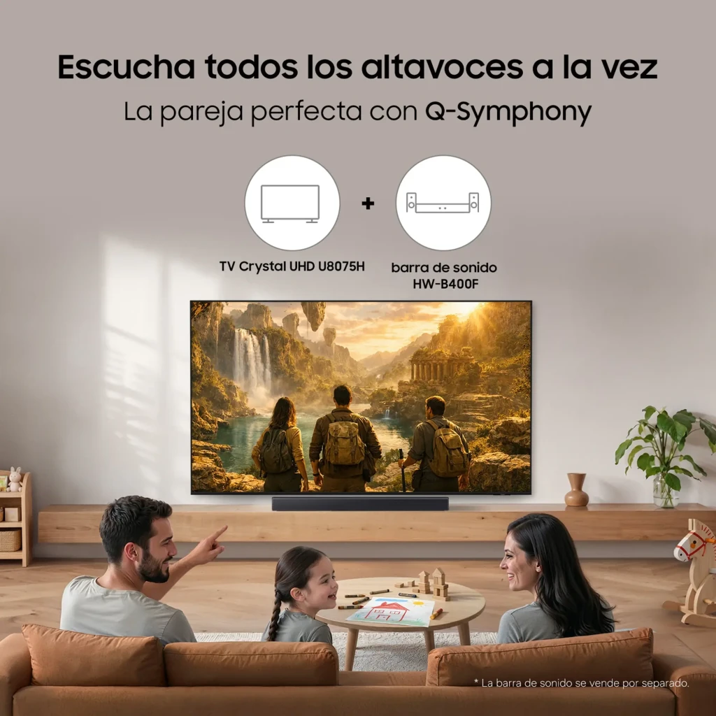 Televisor Samsung TU75U8075HU 75 pulgadas LED Crystal UHD 4K con marco delgado, peana doble y pantalla amplia; ideal para cine en casa con Tizen OS