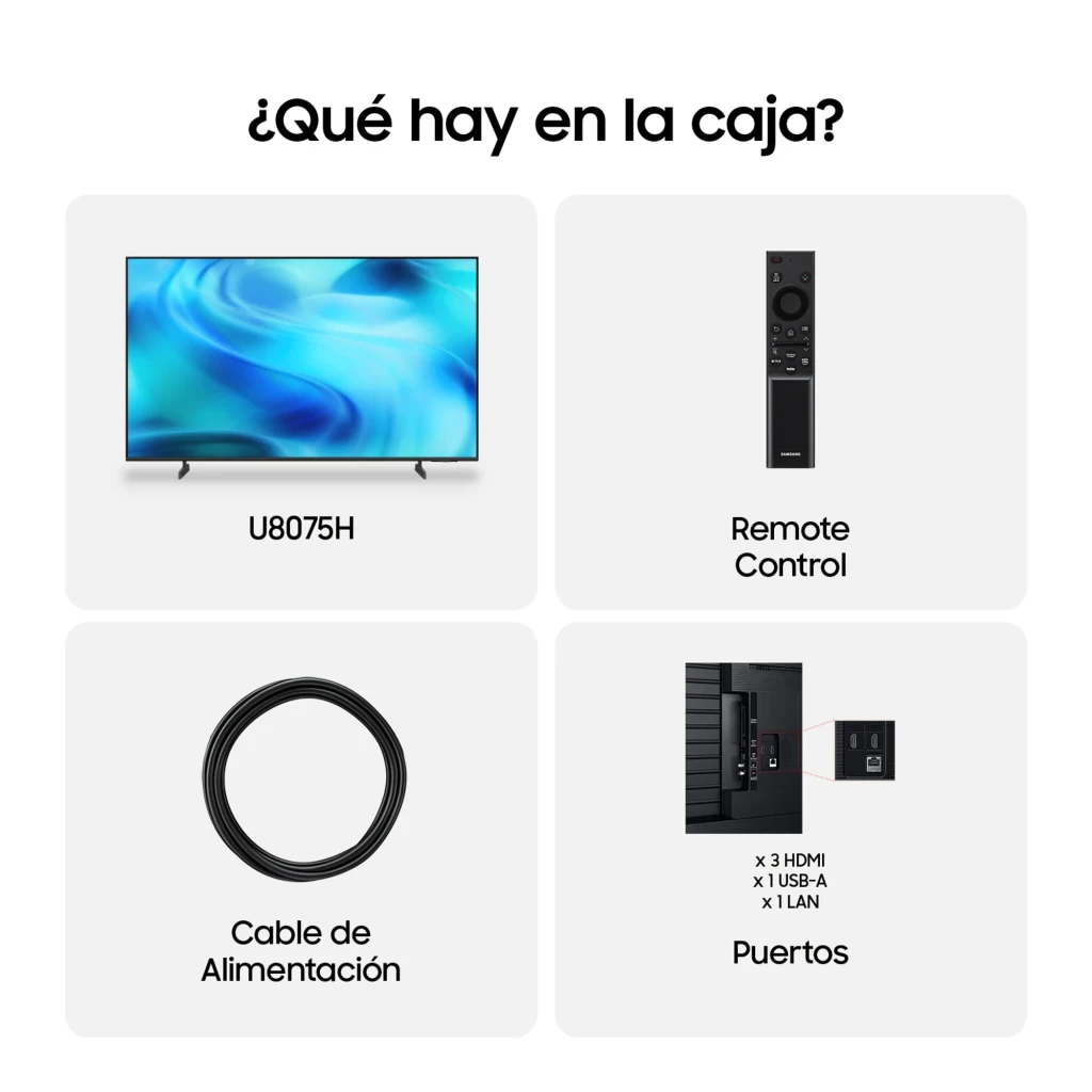 Televisor Samsung TU75U8075HU 75 pulgadas LED Crystal UHD 4K con biseles delgados, base doble, control remoto minimalista, cable de alimentación y puertos