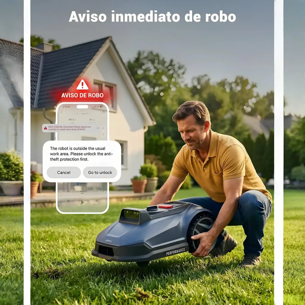 Robot cortacésped Natural Expressions Robotic Mower 7 gris con cámara/sensor frontal, ruedas traseras grandes de alto agarre y diseño aerodinámico en
