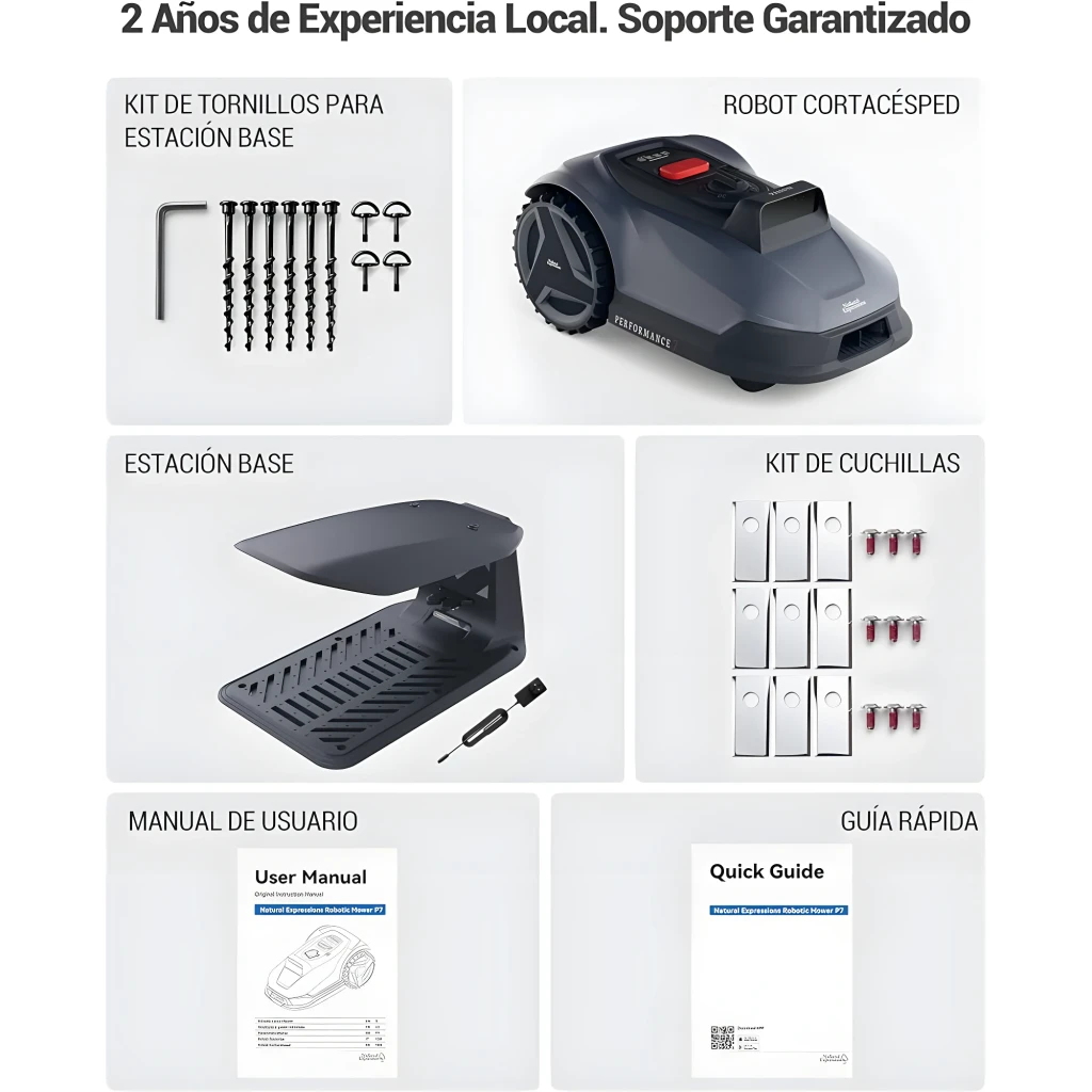 Robot cortacésped gris con base de carga, kit de tornillos, cuchillas de repuesto, destornillador y manuales; diseño compacto con ruedas robustas