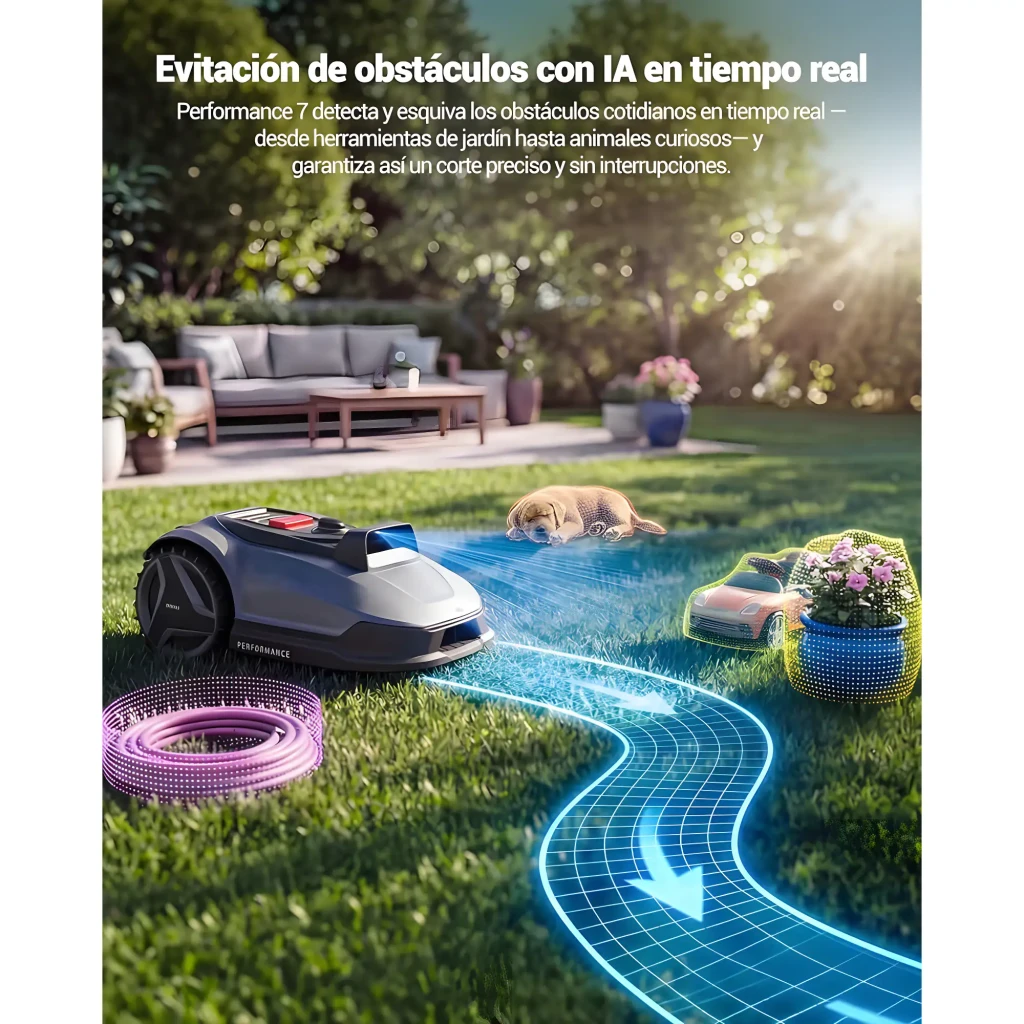 Robot cortacésped Natural Expressions Robotic Mower 7 con IA para evitar obstáculos, sensores frontales, luces LED y ruta guiada para corte preciso y seguro