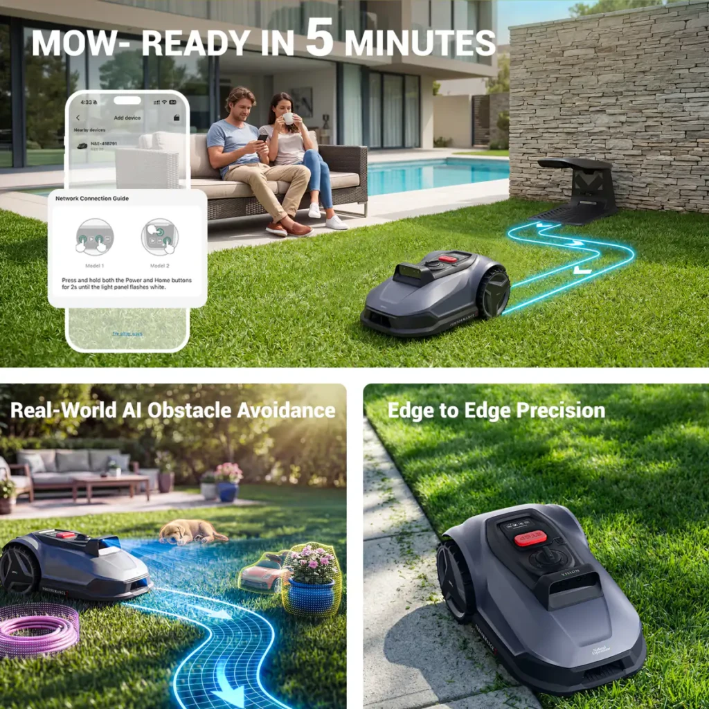 Robot cortacésped Natural Expressions Robotic Mower 7 gris con sensores AI, ruta guiada luminosa, precisión borde a borde y control vía app en jardín