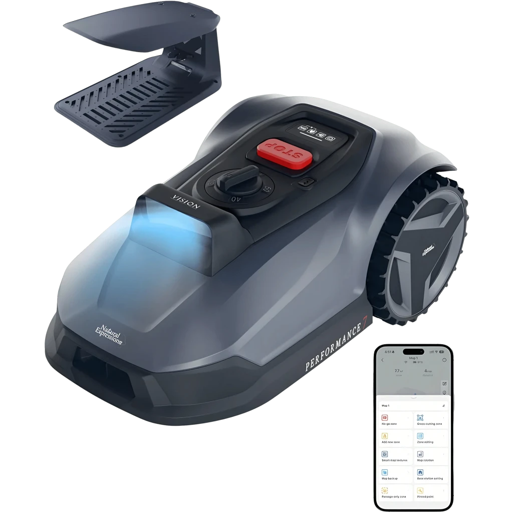 Robot cortacésped Natural Expressions Robotic Mower 7 gris oscuro con faro LED, rueda trasera de tracción, botón STOP rojo, tapa protectora y app móvil