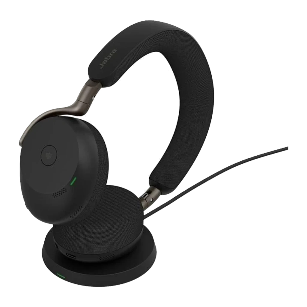 Jabra Evolve3 75 noir, avec support de bureau: casque au repos avec câble de connexion