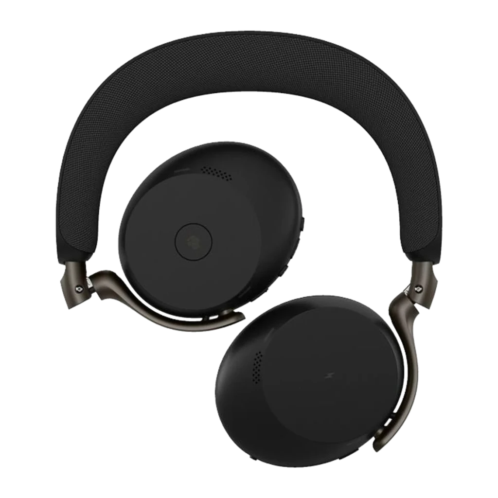 Jabra Evolve3 75 noir, vue de dessus: casque plié avec arceau et coussinets visibles