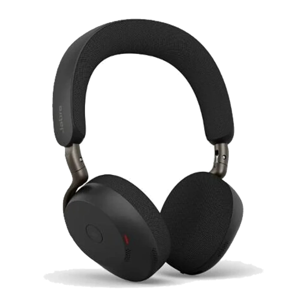 Jabra Evolve3 75 noir, vue de face: casque avec arceau rembourré et boutons de commande