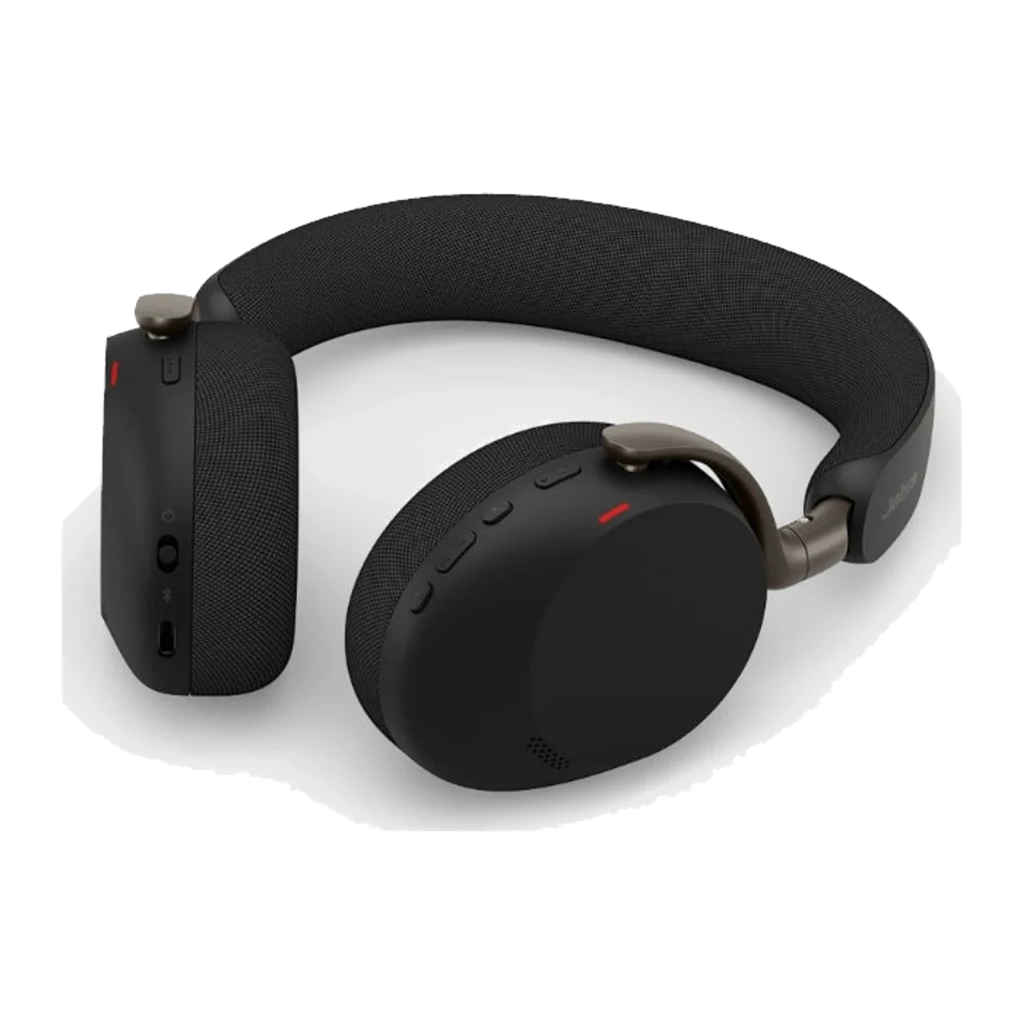 Jabra Evolve3 75 noir, vue latérale gauche: module de contrôle et coussin avec microphone