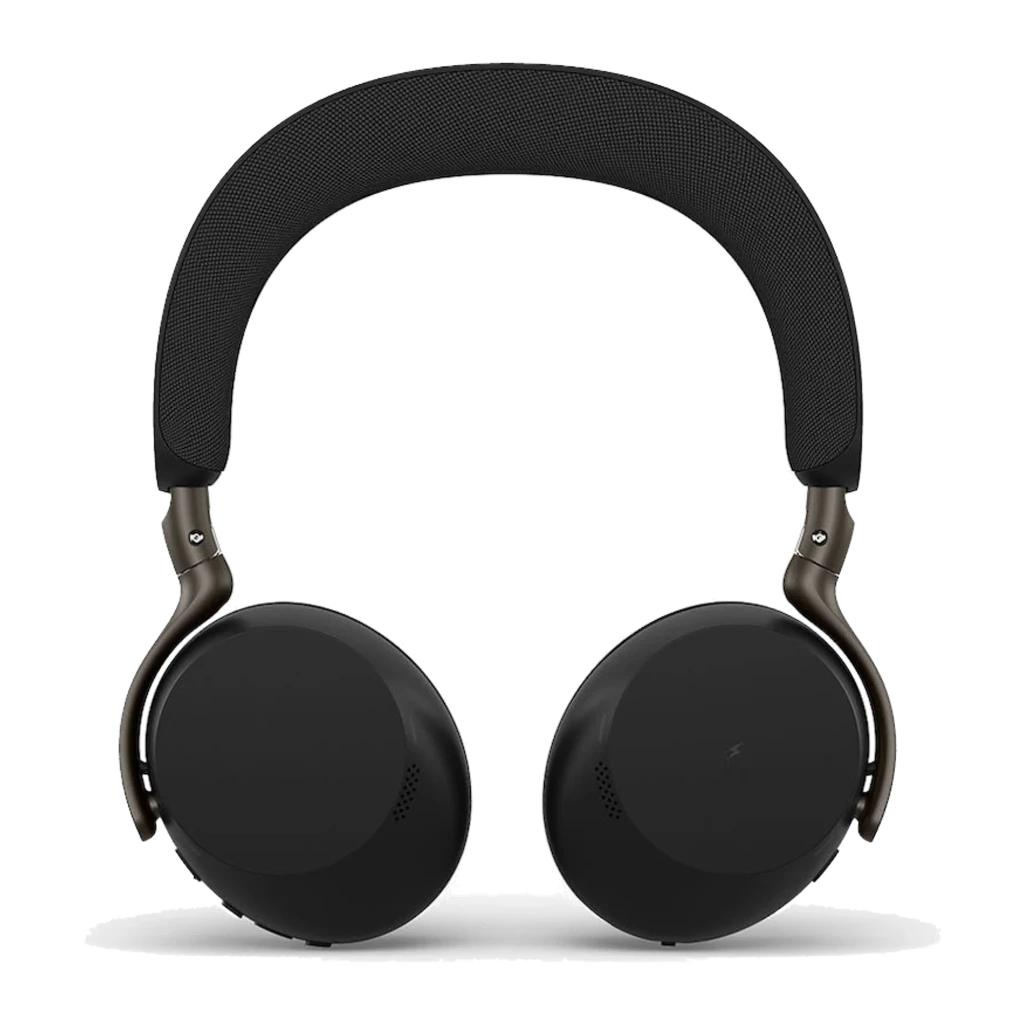 Jabra Evolve3 75 noir, vue de face complète: casque avec arceau et coussinets symétriques