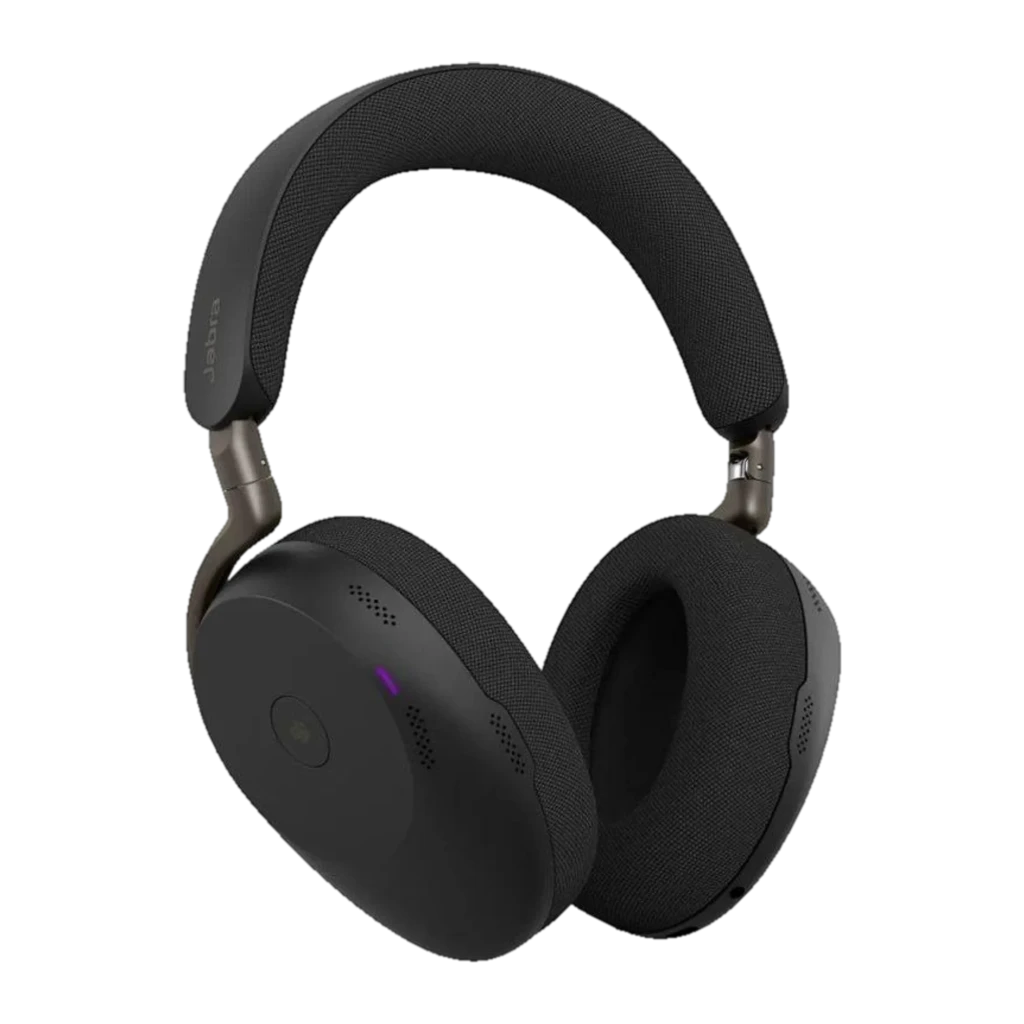 Jabra Evolve3 85 negro, lateral: auriculares con detalle de textura y luz LED púrpura