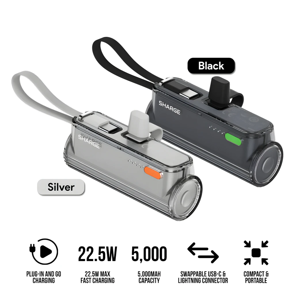 Batería portátil Sharge Flow Mini negra 5000mAh, 22.5W, compacta con correa, cable USB-C integrado intercambiable, indicadores LED y acabado brillante