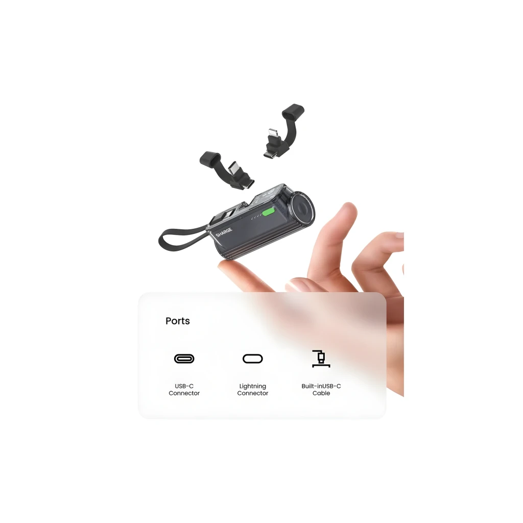 Sharge Flow Mini Negro 22.5W 5000mAh con cable USB-C integrado, puertos USB-C y Lightning, diseño compacto con correa y luz LED indicadora de estado