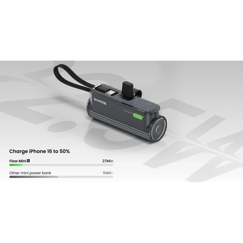 Power bank Sharge Flow Mini negro 5000mAh, compacto con correa, pantalla LED lateral, botón verde, linterna frontal y cable USB-C integrado 22.5W