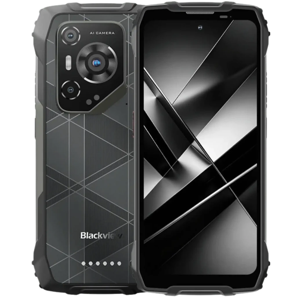 Blackview BL7000 Pro 5G robusto, carcasa rugerizada gris, pantalla grande con bordes reforzados, módulo de cámara triple con visión nocturna y detalles