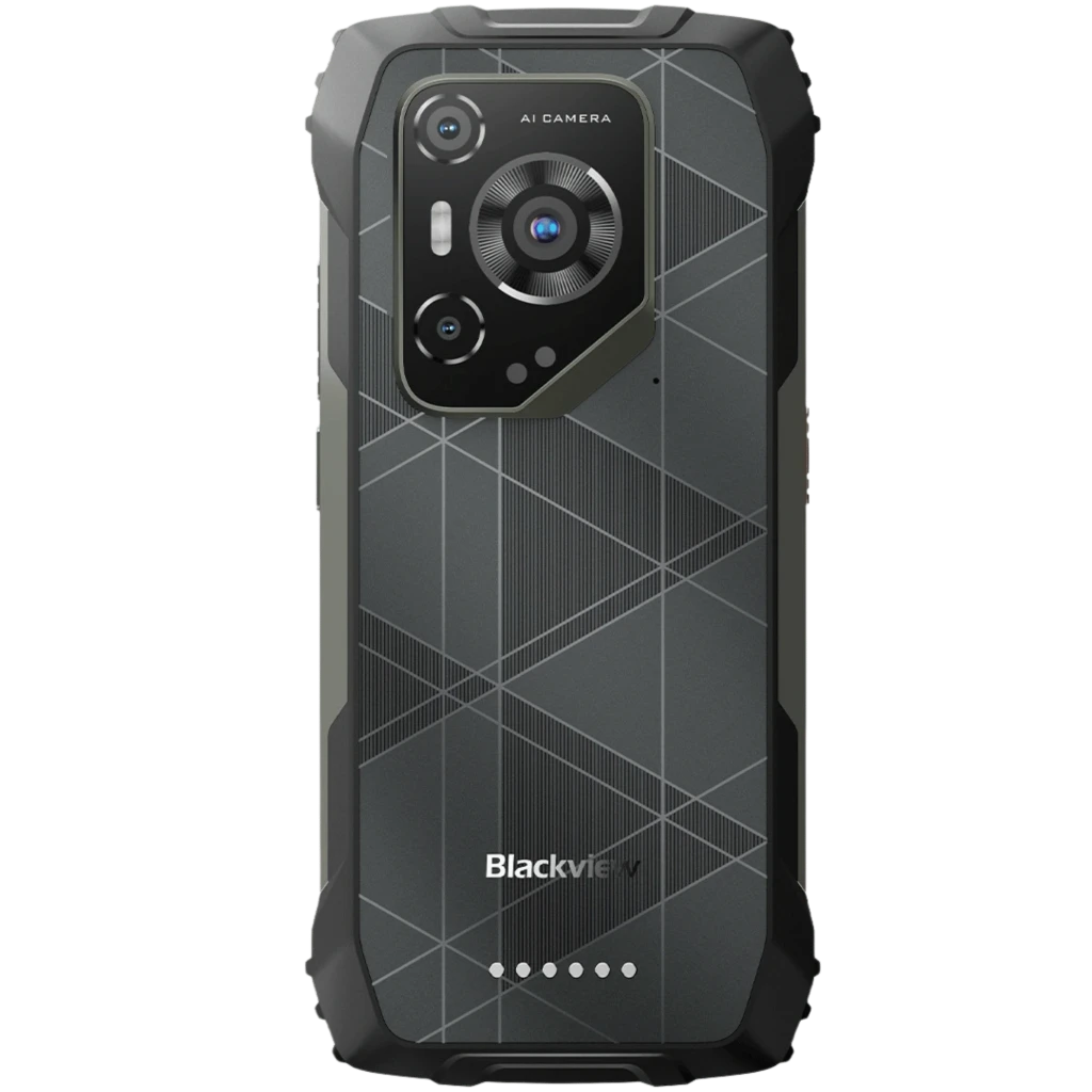 Blackview BL7000 Pro 5G robusto con tapa trasera gris geométrica, módulo de triple cámara con visión nocturna, bordes reforzados y logotipo Blackview