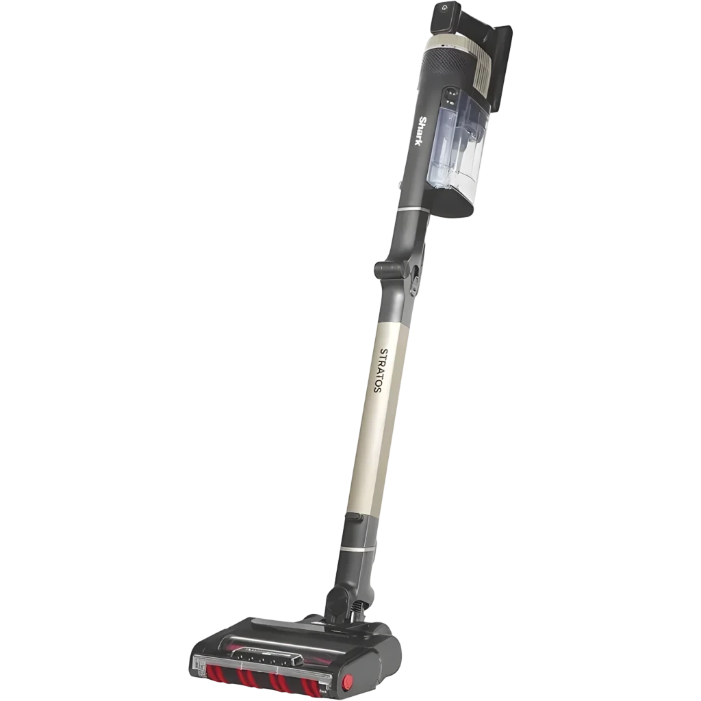 Aspiradora escoba Shark Stratos IZ400EUT sin cable, diseño en gris y beige, tubo articulado, depósito transparente y cabezal ancho con rodillos rojos