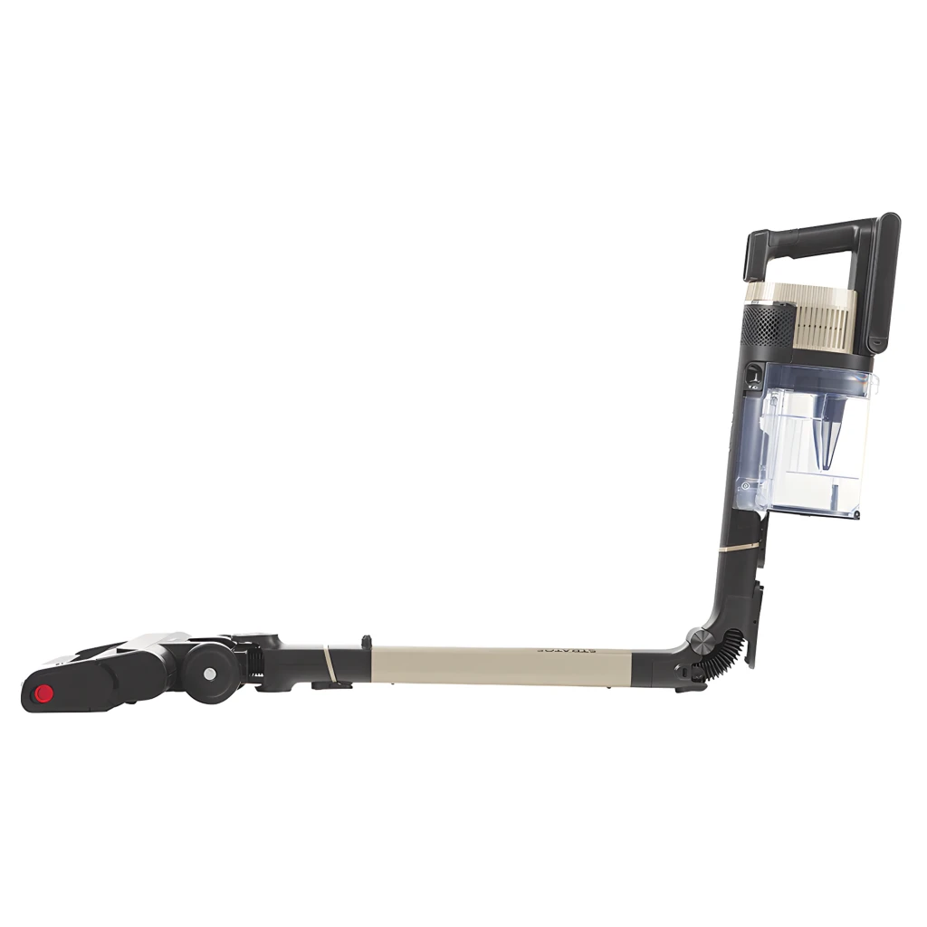 Aspiradora escoba Shark Stratos IZ400EUT sin cable, cuerpo beige y negro, tubo articulado plegable, depósito transparente y cepillo motorizado bajo perfil