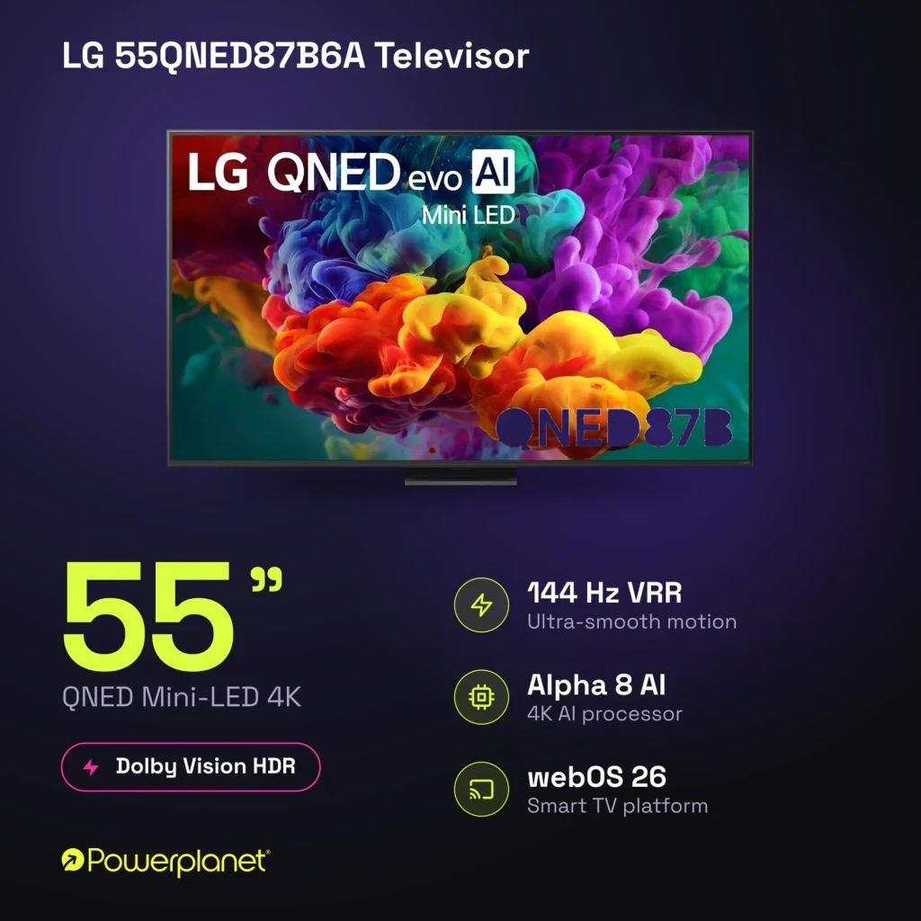 LG 55QNED87B6A 55 polegadas com painel QNED Mini LED 4K, cores vibrantes e contraste preciso, 144Hz VRR, Alpha 8 AI, Dolby Vision HDR e webOS 26