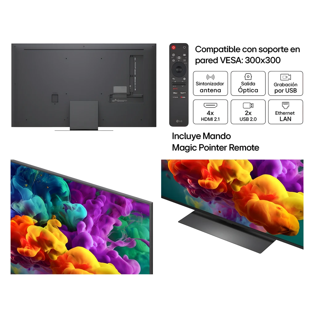 LG 65QNED87B6A 65 polegadas MiniLED QNED 4K com painel fino, base metálica, HDMI 2.1, USB 2.0, VRR 144Hz e controle Magic Remote