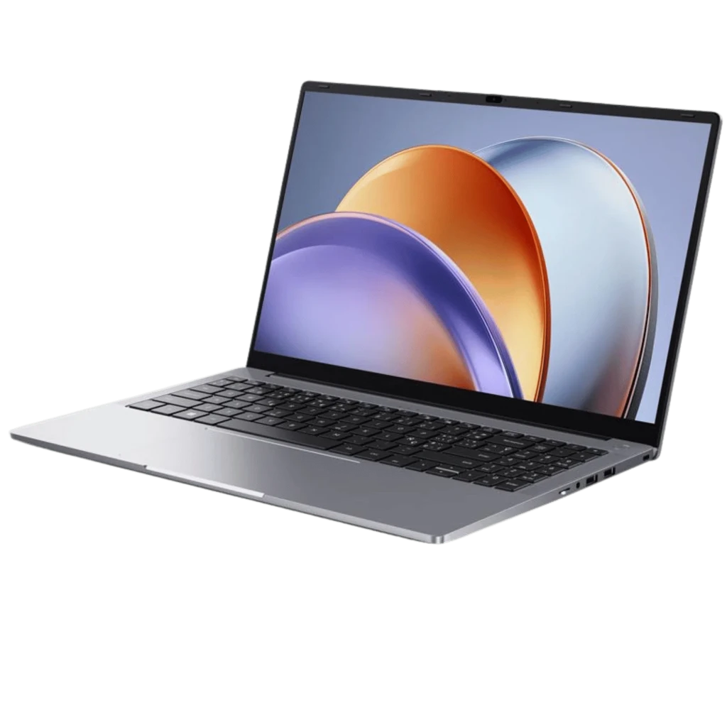 Portátil Chuwi RzBook Plus prateado, tela 15,6 polegadas com bordas finas, teclado preto e touchpad amplo, design fino e leve ideal para mobilidade