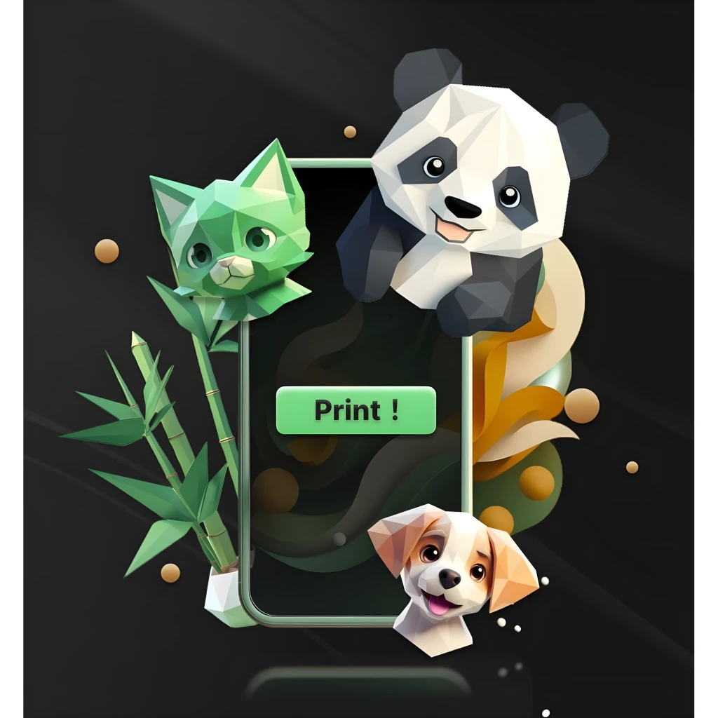 Bambu Lab A1 Mini con cámara integrada, chasis compacto en negro, pantalla con botón verde Print, figuras 3D de panda, gato y perro, bambú decorativo