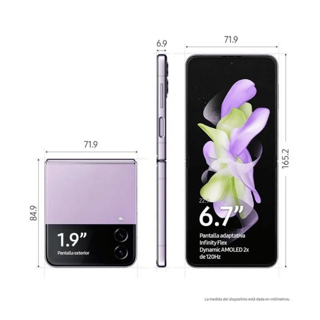 Smartphone pliable violet avec écran principal 6,7 pouces AMOLED 120 Hz, écran extérieur 1,9 pouce, double appareil photo, bords fins et format compact