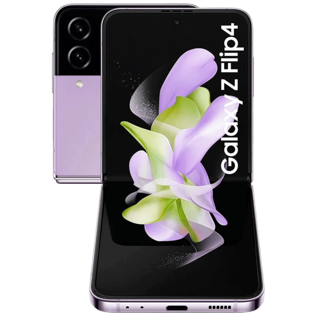 Samsung Galaxy Z Flip4 5G violet 128 Go reconditionné bon état, design pliable, double écran dont externe, double module photo et charnière argentée