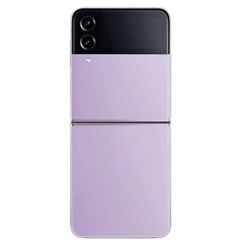 Smartphone pliable violet avec double capteur photo arrière et écran externe noir brillant, bords métalliques fins, format compact reconditionné bon état