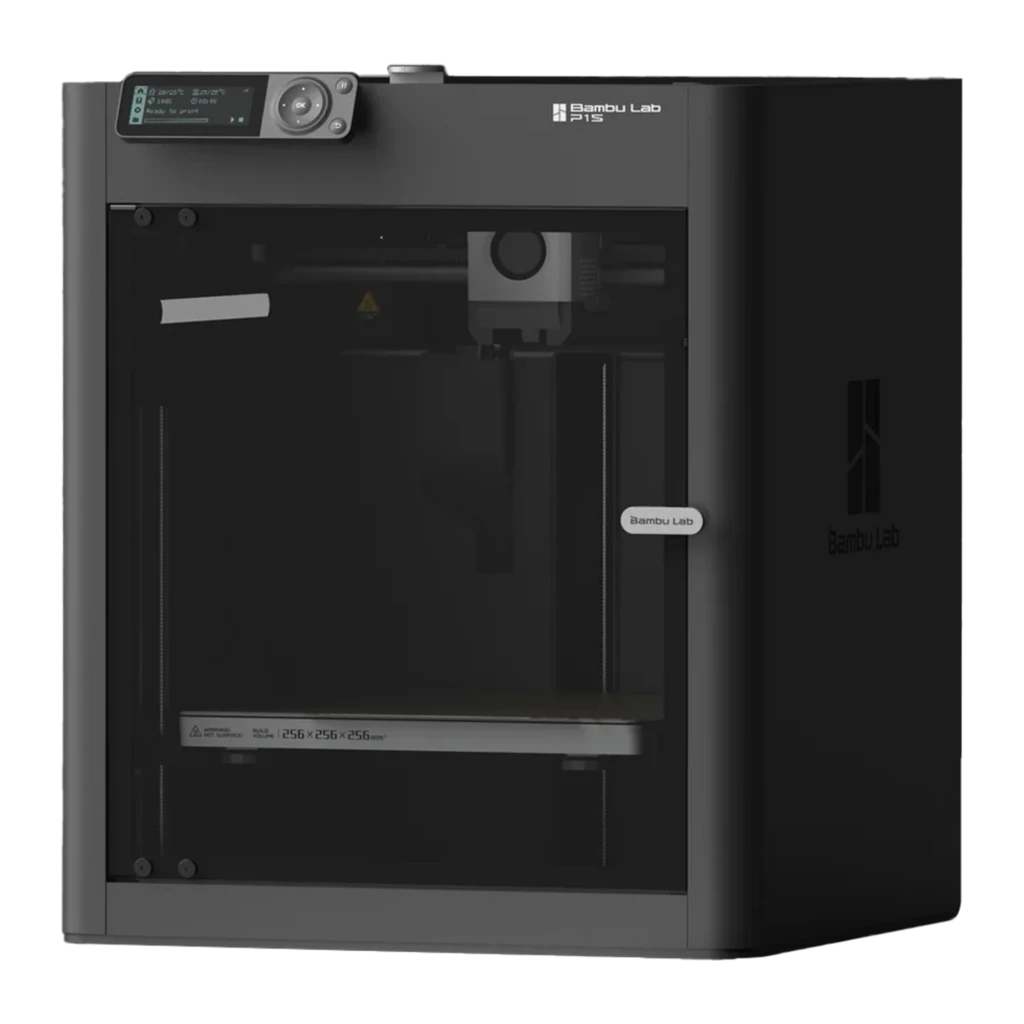 Bambu Lab P1S impressora 3D preta com câmara fechada, visor digital à esquerda, filtro de carvão integrado e volume de impressão visível na base