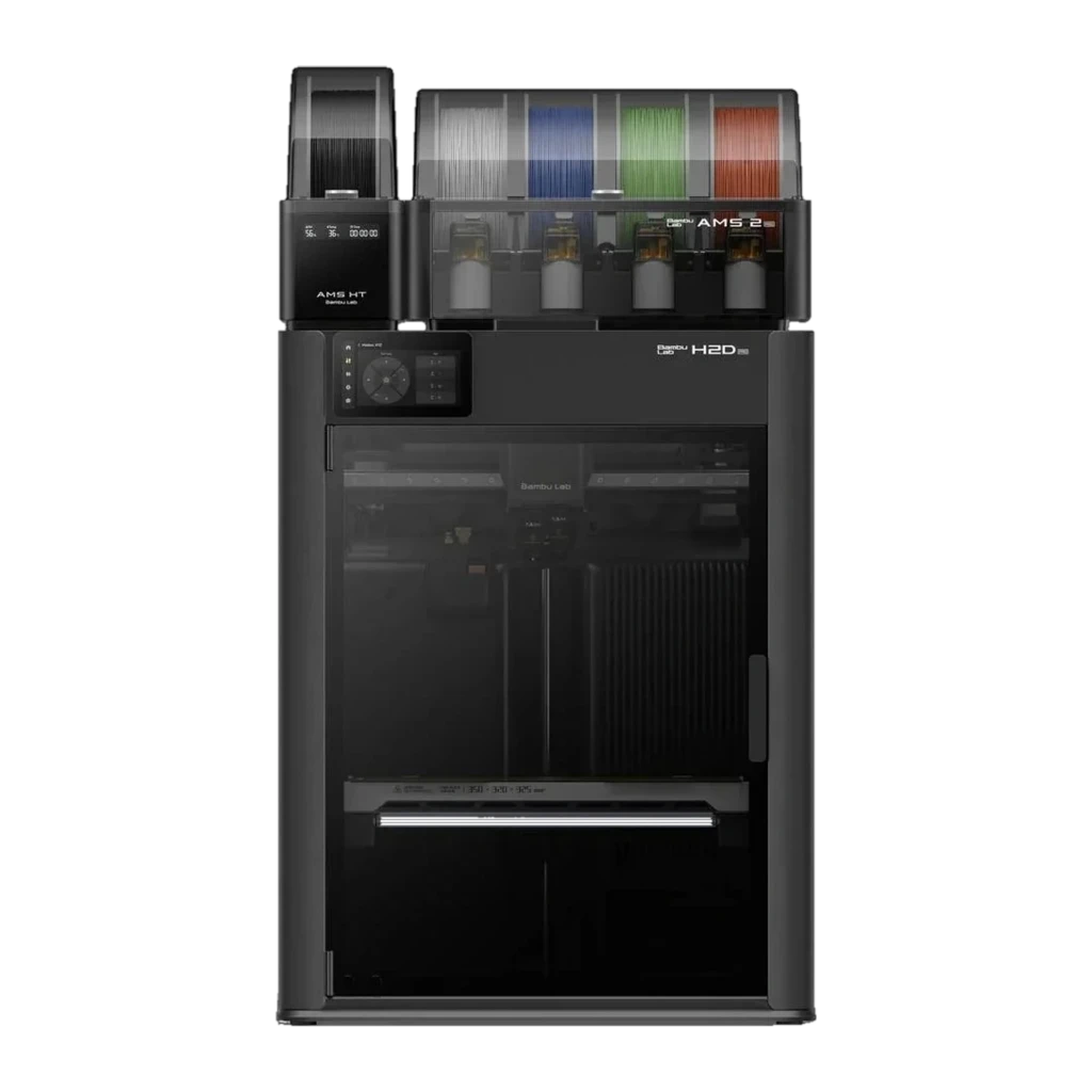 Bambu Lab H2D Pro impresora 3D FDM negra con gabinete cerrado, pantalla lateral, módulo AMS con 4 bobinas de filamento en colores blanco, azul, rojo y verde