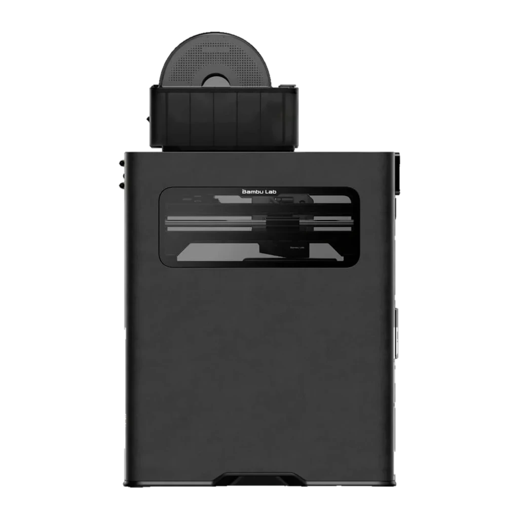 Bambu Lab H2D Pro impresora 3D FDM negra con carcasa cerrada, ventana frontal y spool superior; estructura robusta y volumen 325×320×325 mm