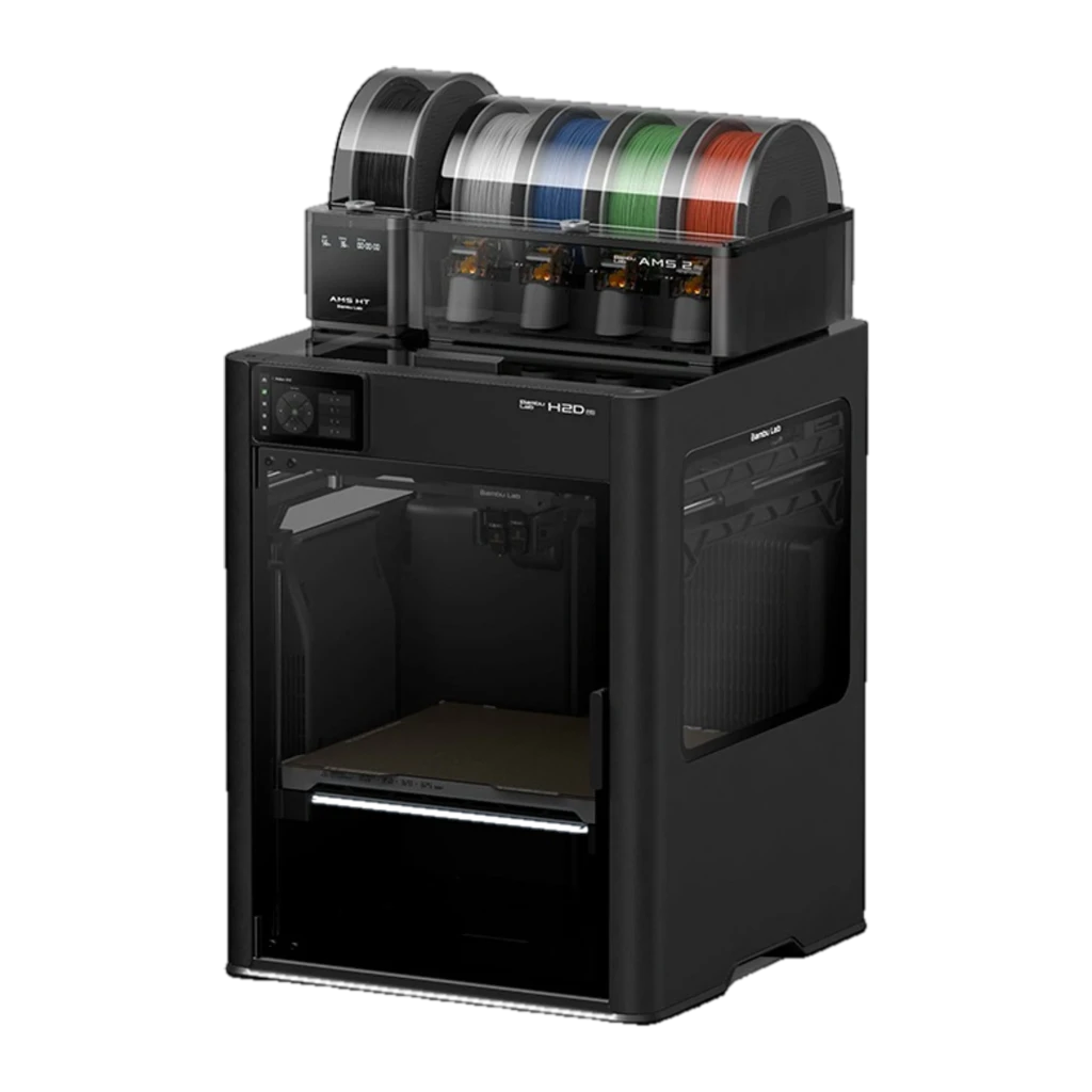 Impresora 3D FDM Bambu Lab H2D Pro negra con gabinete cerrado, gran volumen 325×320×325 mm, módulo AMS superior para multicolor y panel frontal con pantalla