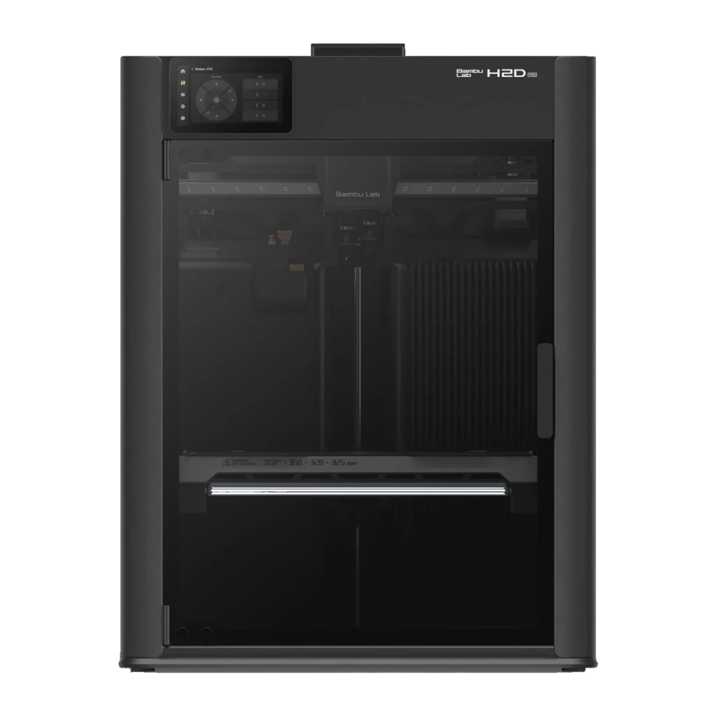 Impresora 3D FDM cerrada en negro con gran volumen 325×320×325 mm, panel táctil superior izquierdo, barra de luz frontal y carcasa robusta con puerta oscura
