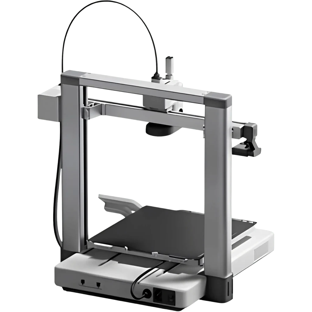 Impresora 3D Bambu Lab A1 gris, marco abierto metálico, cama cuadrada 256×256 mm, extrusor superior con tubo Bowden y gestión de cables ordenada