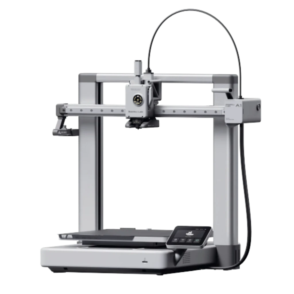 Impresora 3D Bambu Lab A1 rápida 500 mm/s, volumen 256×256×256 mm, chasis rígido, cabezal directo, pantalla táctil y guía de filamento flexible