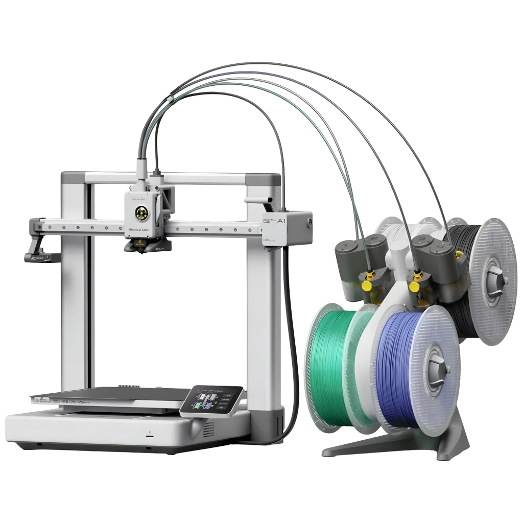 Impressora 3D Bambu Lab A1 Combo com AMS Lite de 4 cores, estrutura metálica, extrusor frontal, mesa aquecida e suporte lateral para múltiplos filamentos