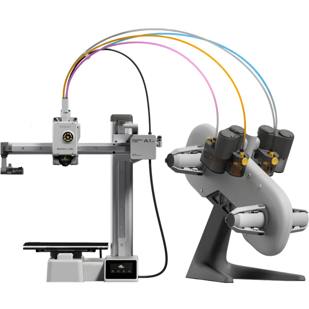 Bambu Lab A1 Combo con AMS Lite 4 colores, extrusor directo, guiado de filamento multicolor y base de impresión 256×256×256 mm, diseño compacto y moderno