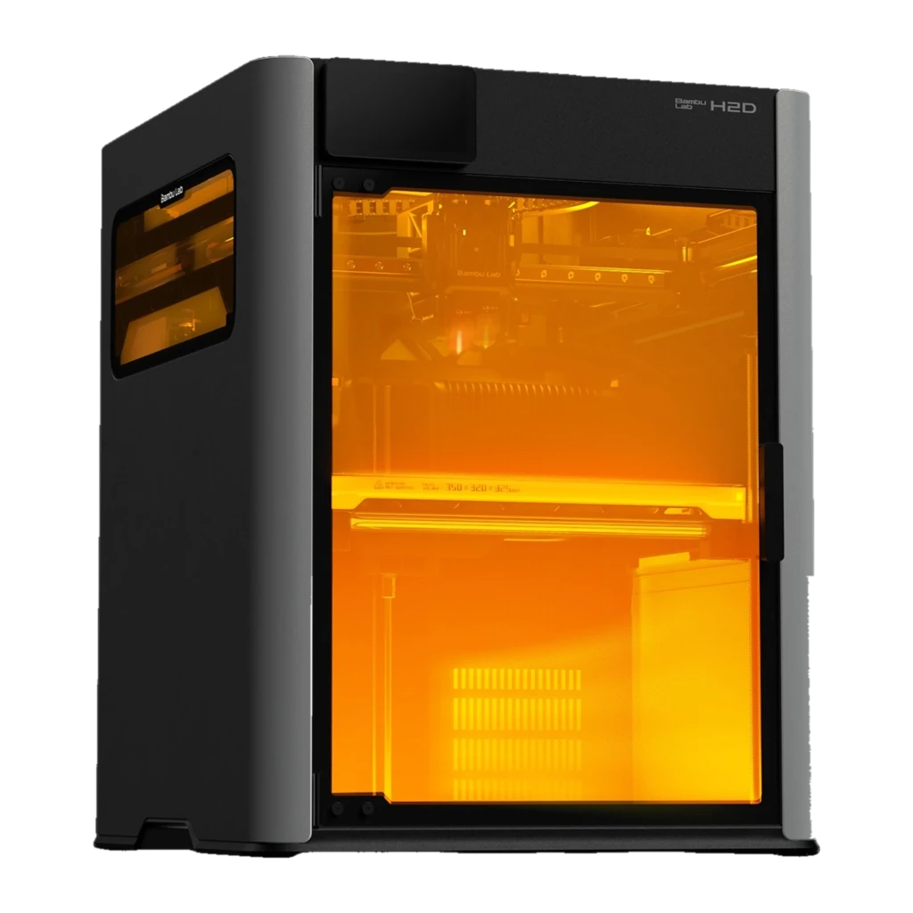 Bambu Lab H2D impresora 3D FDM negra con cámara cerrada ámbar, gran volumen 350×320×325 mm, doble extrusor visible y panel frontal transparente