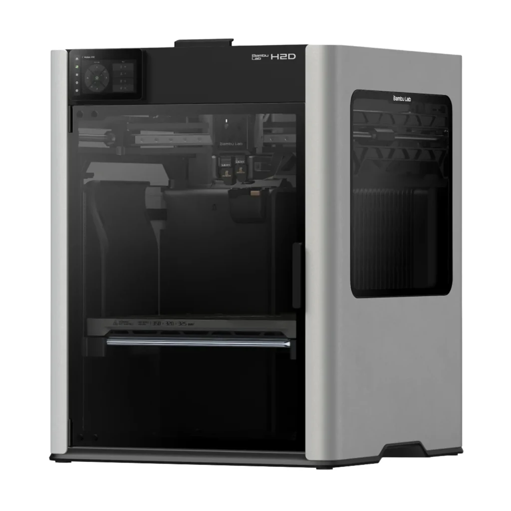 Bambu Lab H2D impressora 3D FDM em gabinete cinza, porta frontal transparente, visor superior esquerdo e extrusora dupla visível no interior
