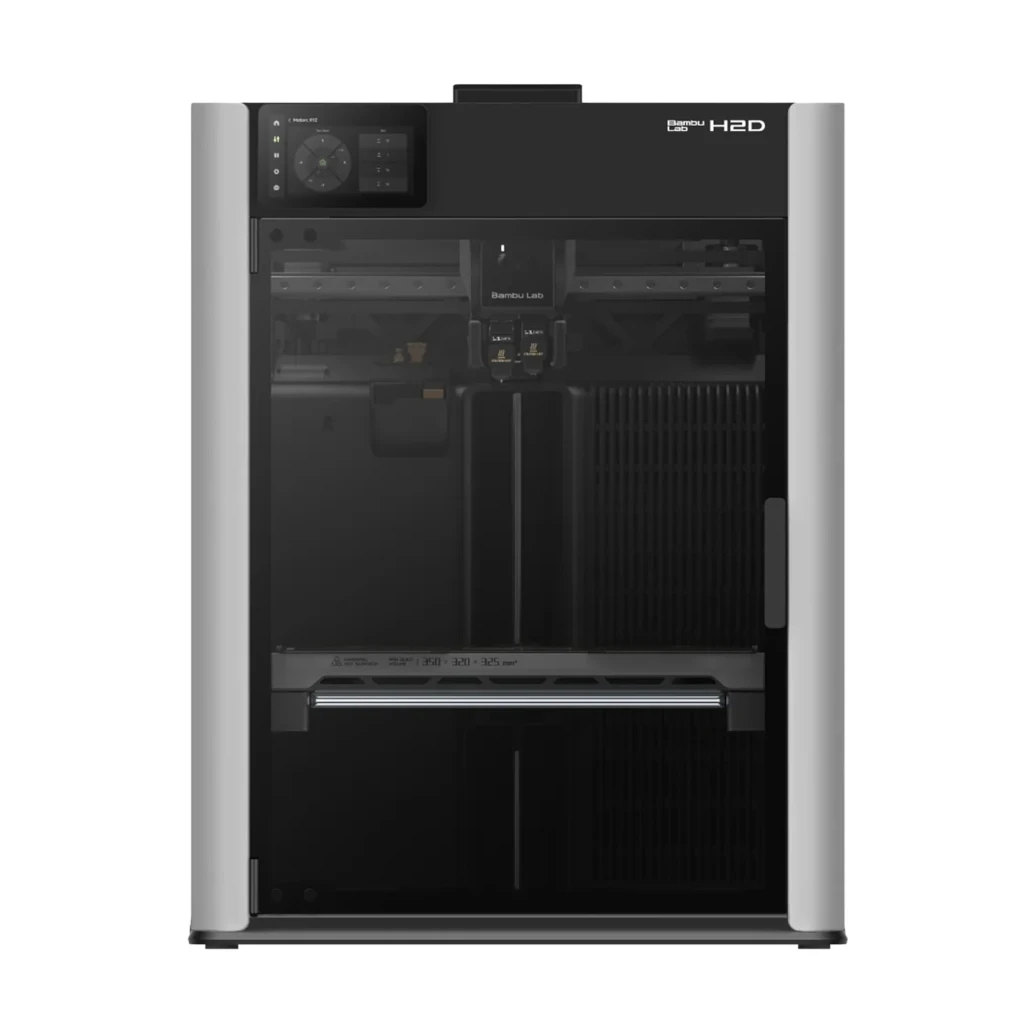Bambu Lab H2D impresora 3D FDM cerrada, chasis gris y frontal negro, doble extrusor visible, panel de control superior, gran volumen 350×320×325 mm