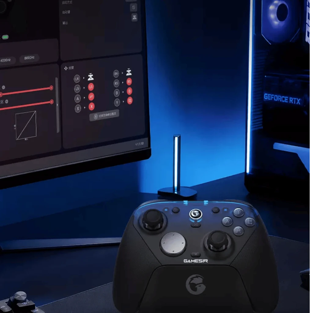 Mando GameSir G7 Pro 8K Uranus negro con joysticks simétricos, cruceta, botones ABXY iluminados y conector USB; compatible 2.4G y Bluetooth en setup gamer