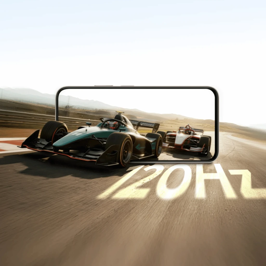 Realme C100X Dorado 256GB con pantalla 6,8 IPS LCD de biseles delgados y 120 Hz, mostrando coches de carreras en movimiento para destacar fluidez y amplitud