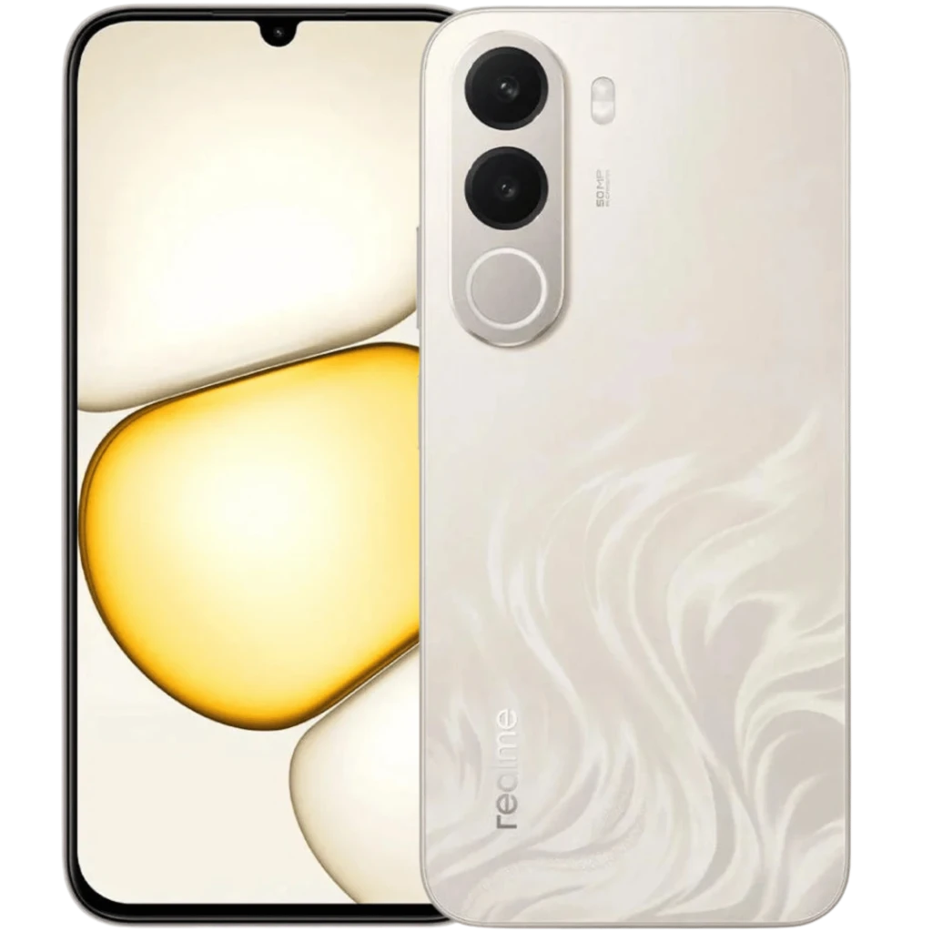 Realme C100X Dorado 256GB con pantalla 6,8 pulgadas IPS LCD, notch en gota, doble cámara trasera vertical y tapa perlada con patrón ondulado.