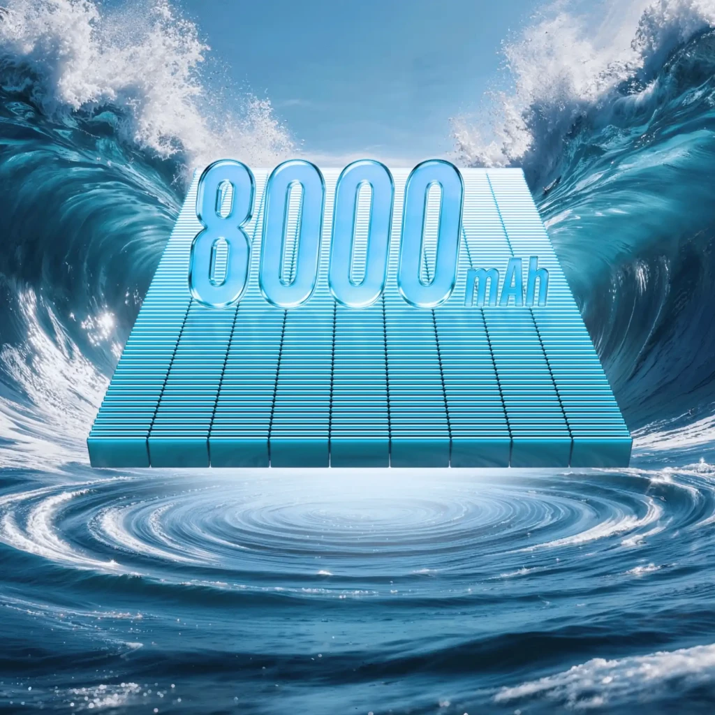 Batería destacada 8000 mAh en estilo acuático, tipografía 3D azul sobre bloques luminosos, con olas y remolino que evocan potencia y duración
