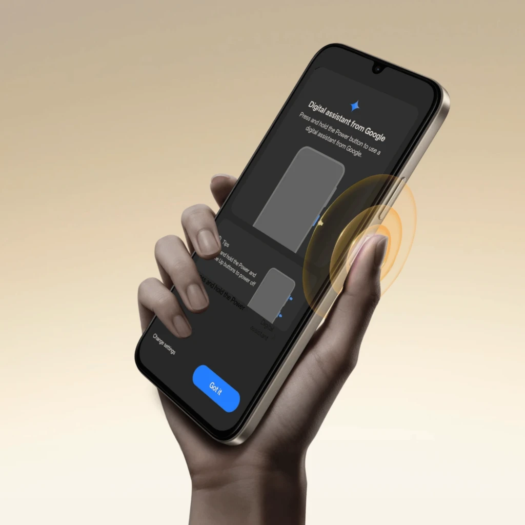 Realme C100X Dorado 256GB: pantalla 6,8 pulgadas IPS LCD con biseles finos, notch en gota y bordes curvos; cuerpo dorado y botón lateral visible.