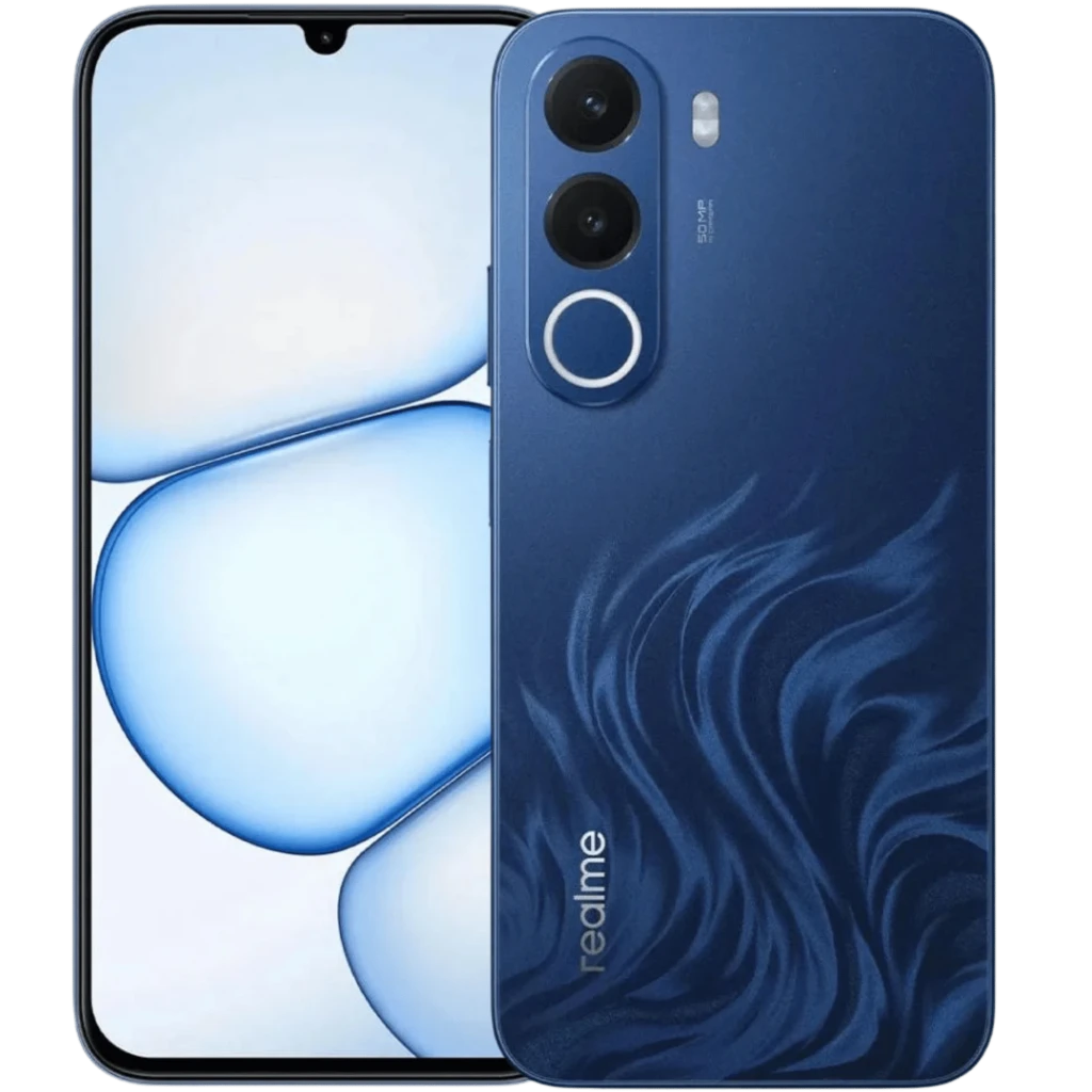 Realme C100X Azul 256GB con pantalla 6,8 pulgadas IPS LCD, notch en gota, doble cámara trasera vertical y tapa perlada con patrón ondulado.
