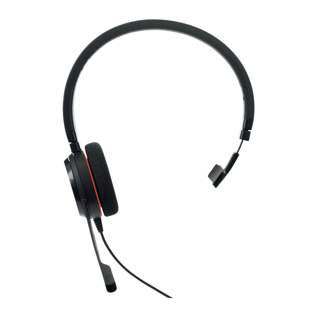 Jabra Evolve 20 Mono UC noir, vue frontale: arceau avec écouteur droit et microphone