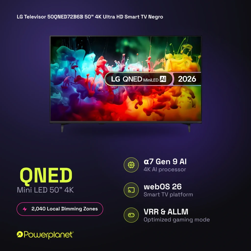 LG QNED 50QNED72B6B 50 polegadas Mini LED 4K com 2.040 zonas local dimming, webOS 26, processador α7 Gen 9 AI, VRR e ALLM para jogos otimizado