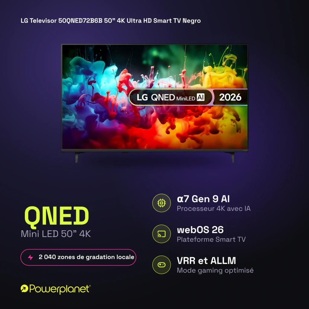 LG QNED 50QNED72B6B 50 polegadas Mini LED 4K com α7 Gen 9 AI, webOS 26, VRR e ALLM; cores vibrantes, pretos profundos e 2040 zonas de escurecimento local